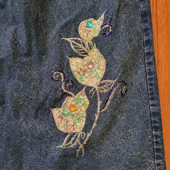 Pret M Vintage Blue Jean Denim Skirt Pockets Elastic Back Slit Embroidered Bling - Picture 6 of 7